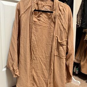 Women's Aerie Tan Crinkle Long Sleeve Blouse